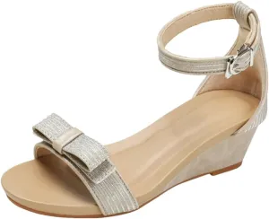 Women Ankle Strap Wedge Sandals Bow Rhinestones Dress Shoes