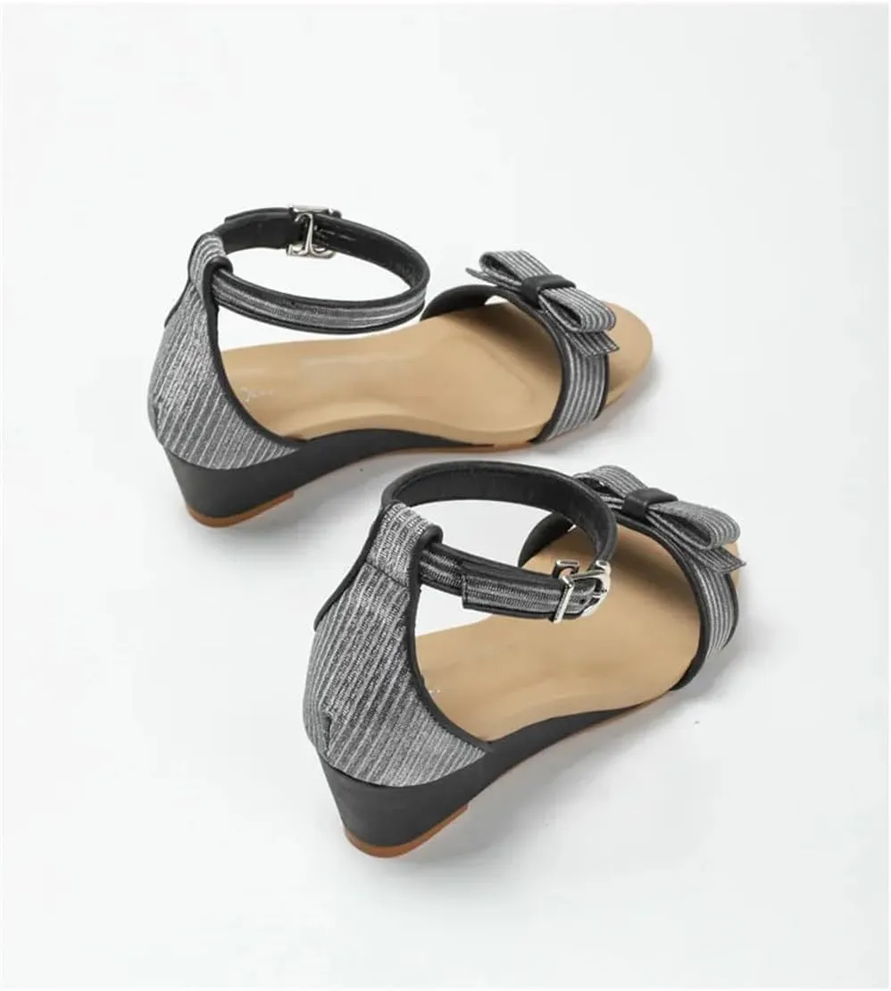 Women Ankle Strap Wedge Sandals Bow Rhinestones Dress Shoes