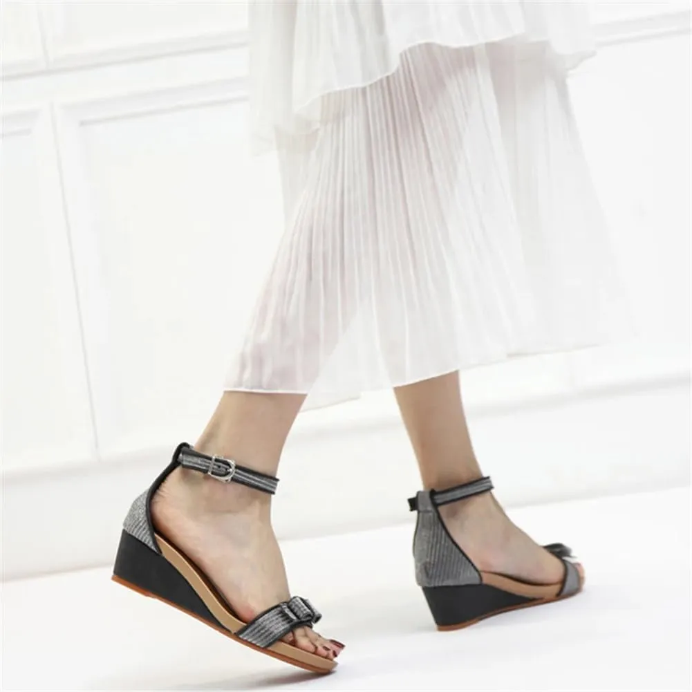 Women Ankle Strap Wedge Sandals Bow Rhinestones Dress Shoes