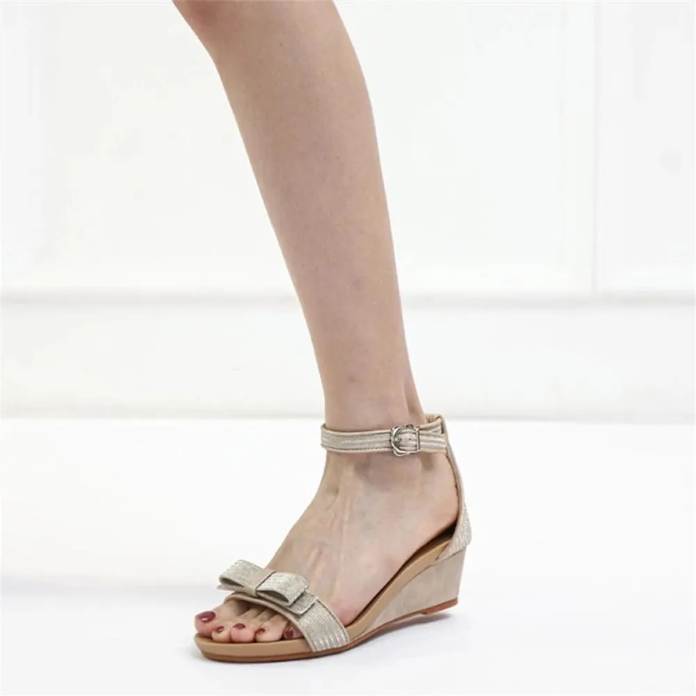 Women Ankle Strap Wedge Sandals Bow Rhinestones Dress Shoes