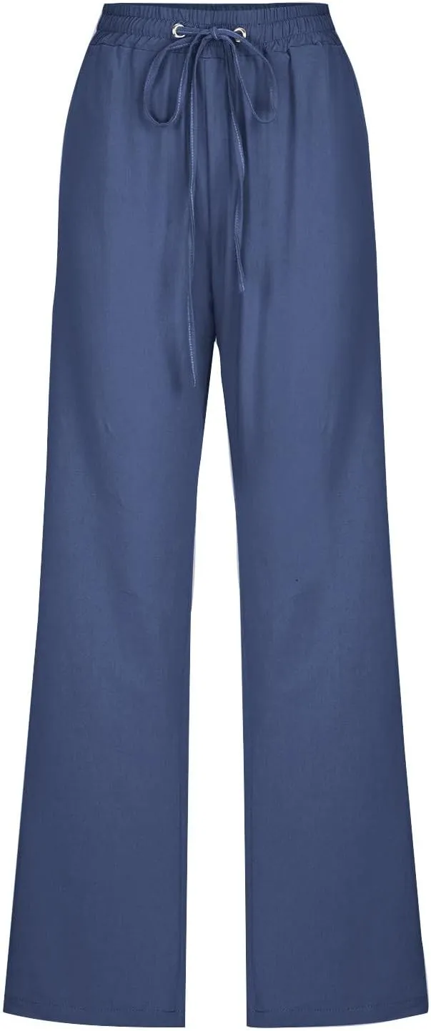Women Casual Linen High Waist Pants Drawstring Loose Fit Summer Pant Straight Trouser Slacks Clothes with Side Pockets