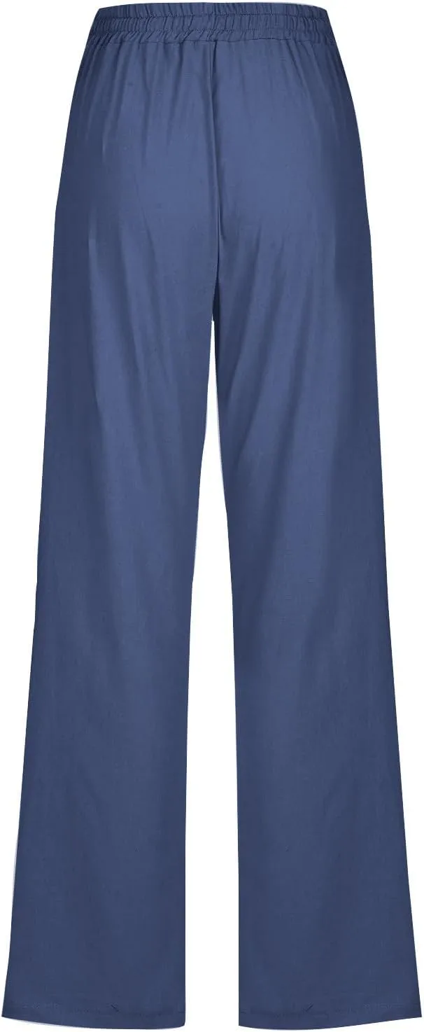 Women Casual Linen High Waist Pants Drawstring Loose Fit Summer Pant Straight Trouser Slacks Clothes with Side Pockets