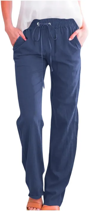 Women Casual Linen High Waist Pants Drawstring Loose Fit Summer Pant Straight Trouser Slacks Clothes with Side Pockets
