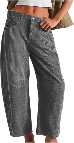 Women Corduroy Pants Barrel Mid-Rise Elastic Waist Slack Trousers Casual Wide Leg Palazzo Pant with Pockets