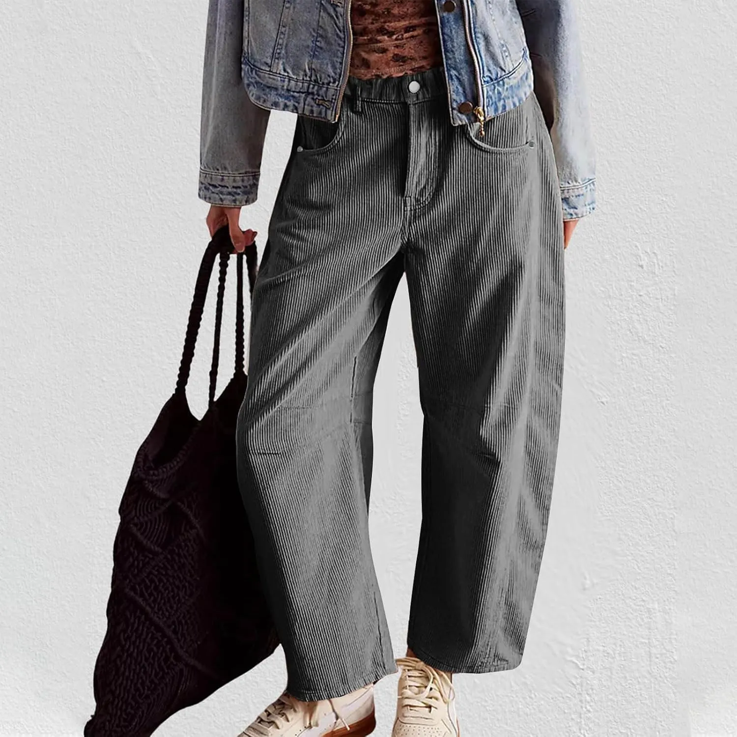 Women Corduroy Pants Barrel Mid-Rise Elastic Waist Slack Trousers Casual Wide Leg Palazzo Pant with Pockets