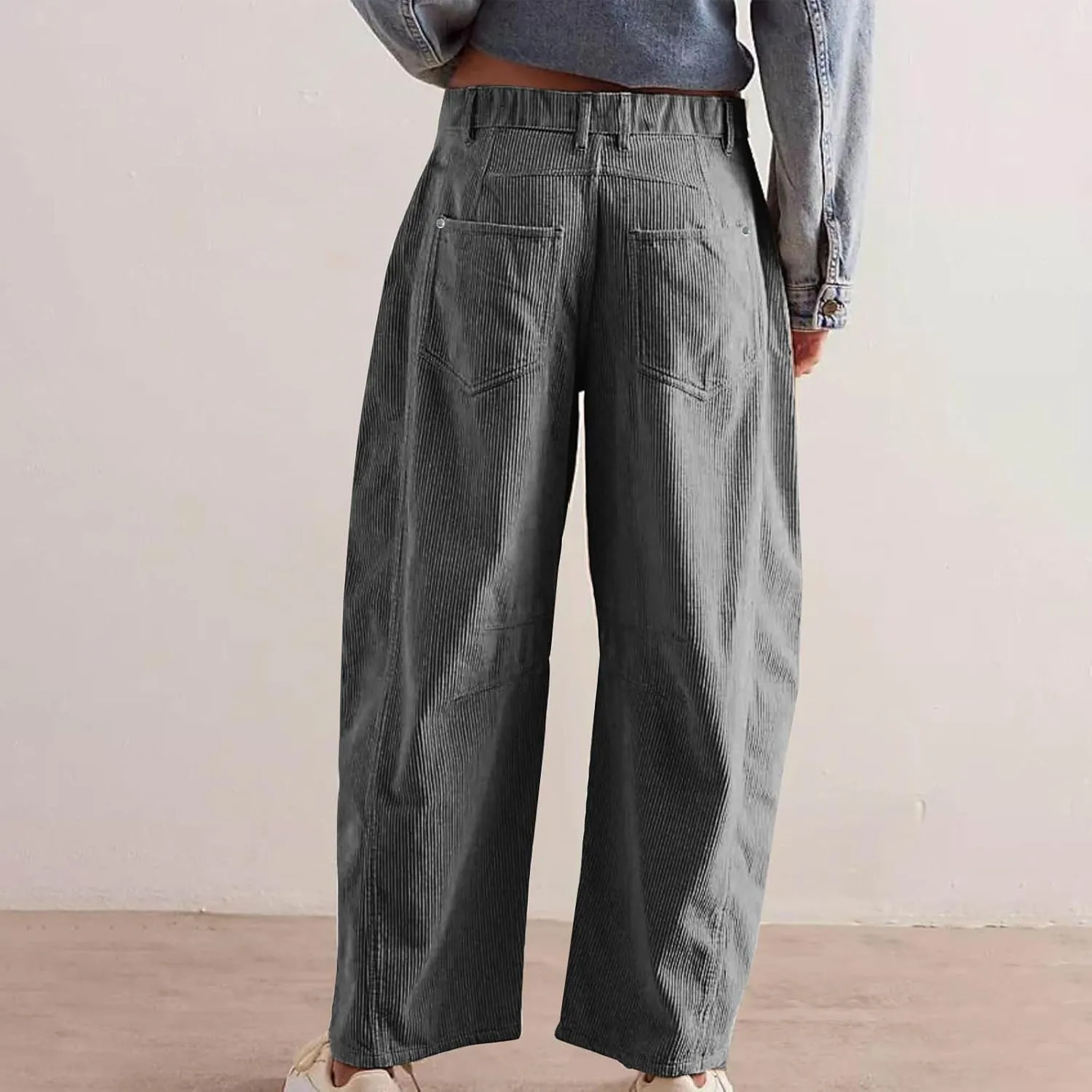 Women Corduroy Pants Barrel Mid-Rise Elastic Waist Slack Trousers Casual Wide Leg Palazzo Pant with Pockets
