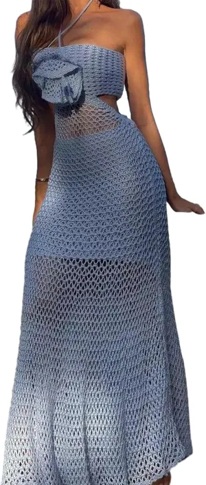 Women Crochet Knitted Halter Maxi Dress Sleeveless 3D Floral See Through Dress Summer Beach Vocation Sundress