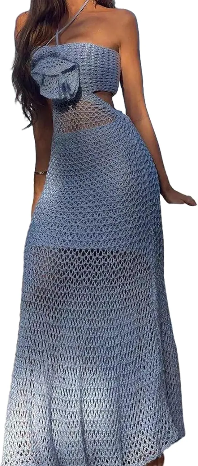 Women Crochet Knitted Halter Maxi Dress Sleeveless 3D Floral See Through Dress Summer Beach Vocation Sundress