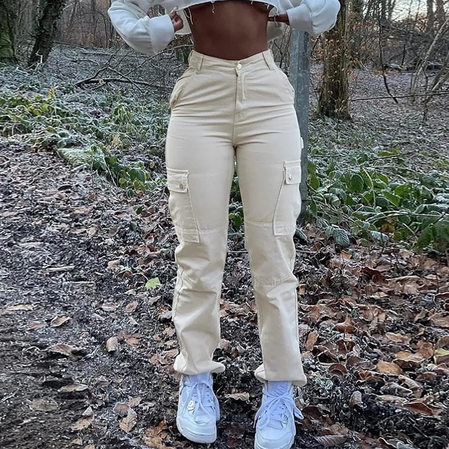 Women Fashion Streetwear Pockets High Waist Straight Vintage Baggy Trousers Cargo Pants Pants with Pockets for