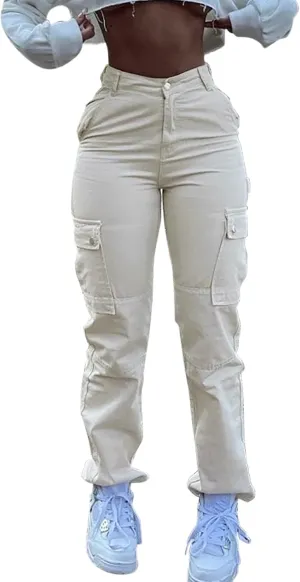 Women Fashion Streetwear Pockets High Waist Straight Vintage Baggy Trousers Cargo Pants Pants with Pockets for