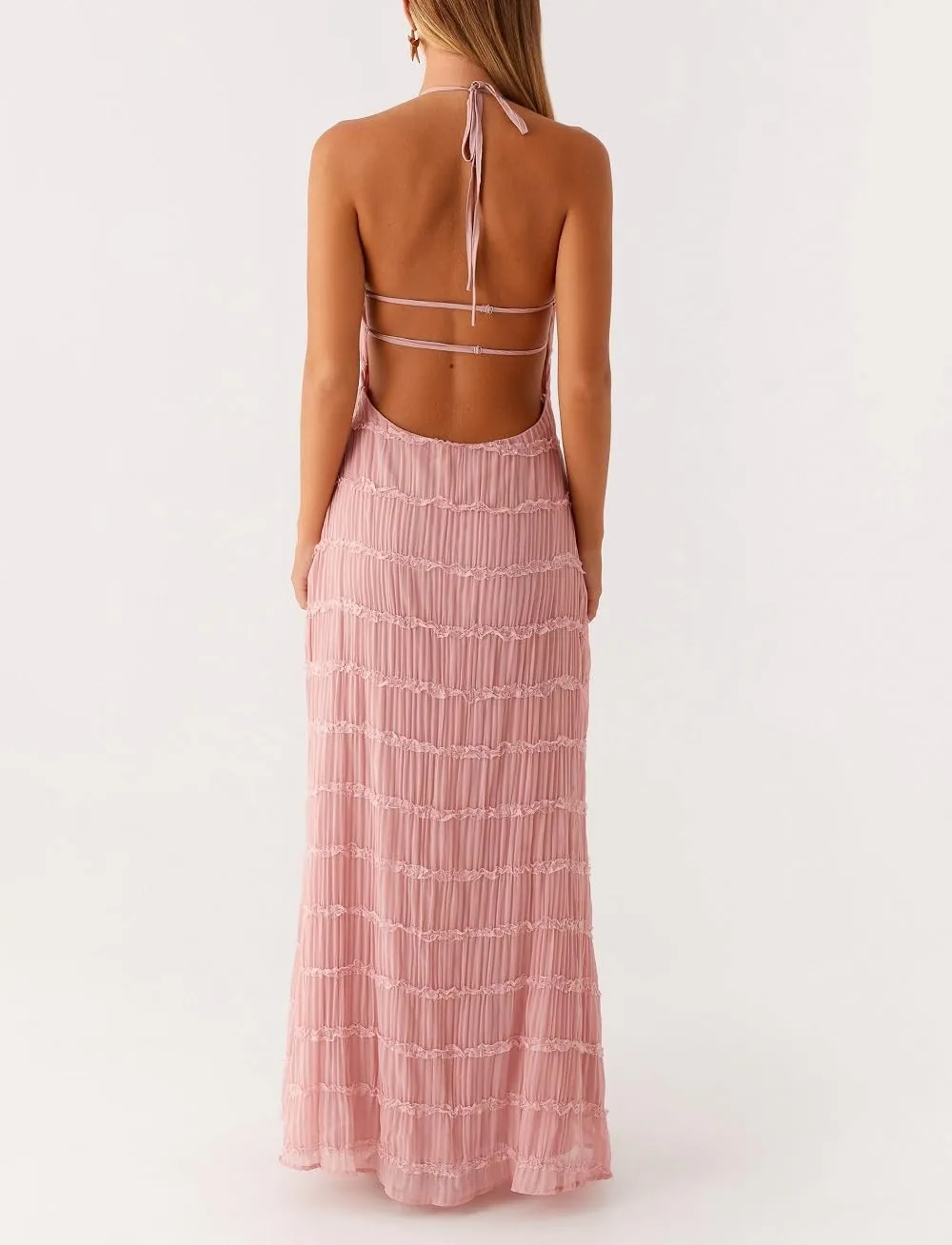 Women Halter Neck Maxi Dress Sleeveless Lace Tiered Smocked Long Dress Sexy Backless Party Vacation Beach Sundress