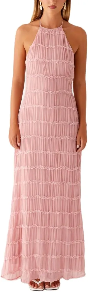 Women Halter Neck Maxi Dress Sleeveless Lace Tiered Smocked Long Dress Sexy Backless Party Vacation Beach Sundress