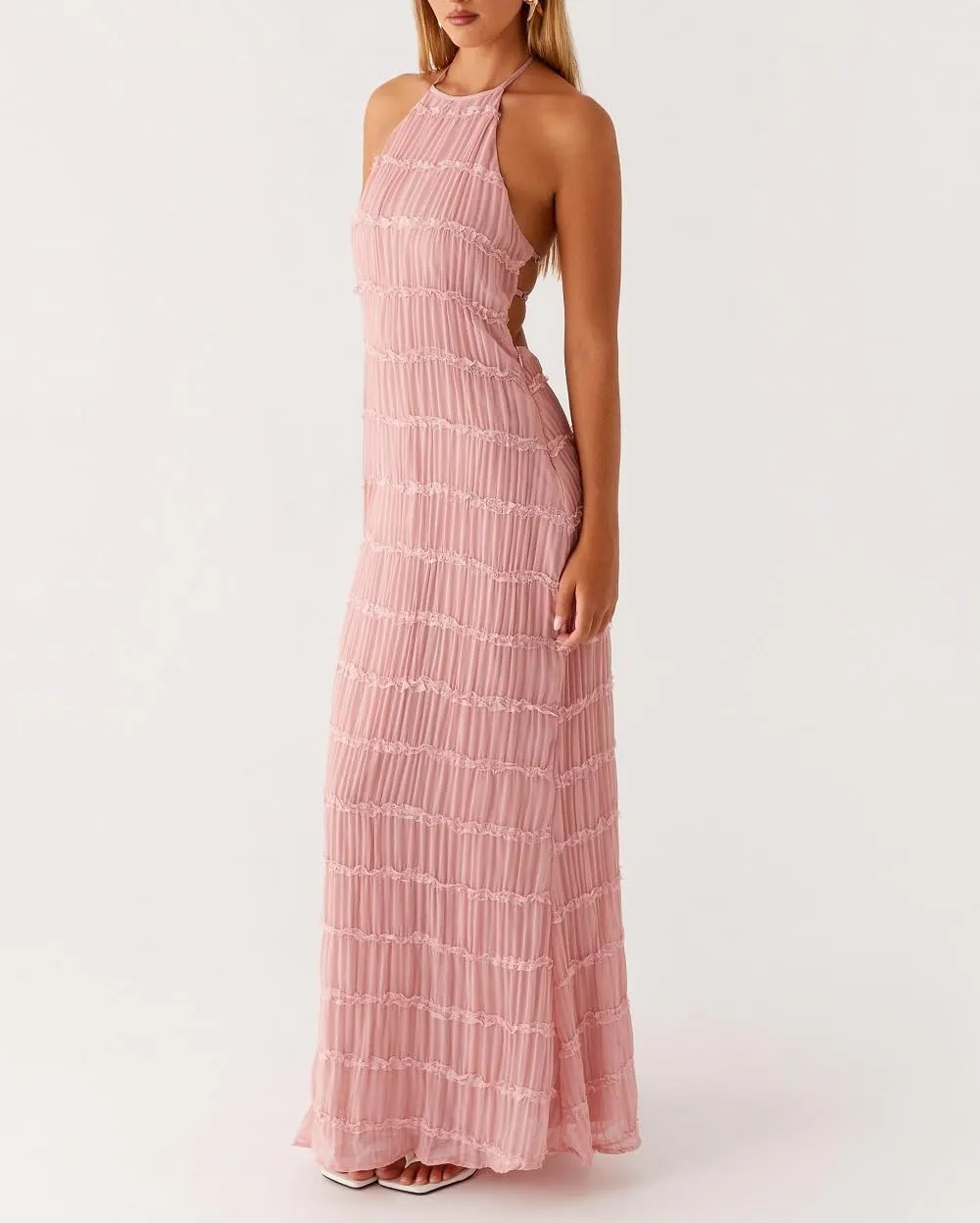 Women Halter Neck Maxi Dress Sleeveless Lace Tiered Smocked Long Dress Sexy Backless Party Vacation Beach Sundress