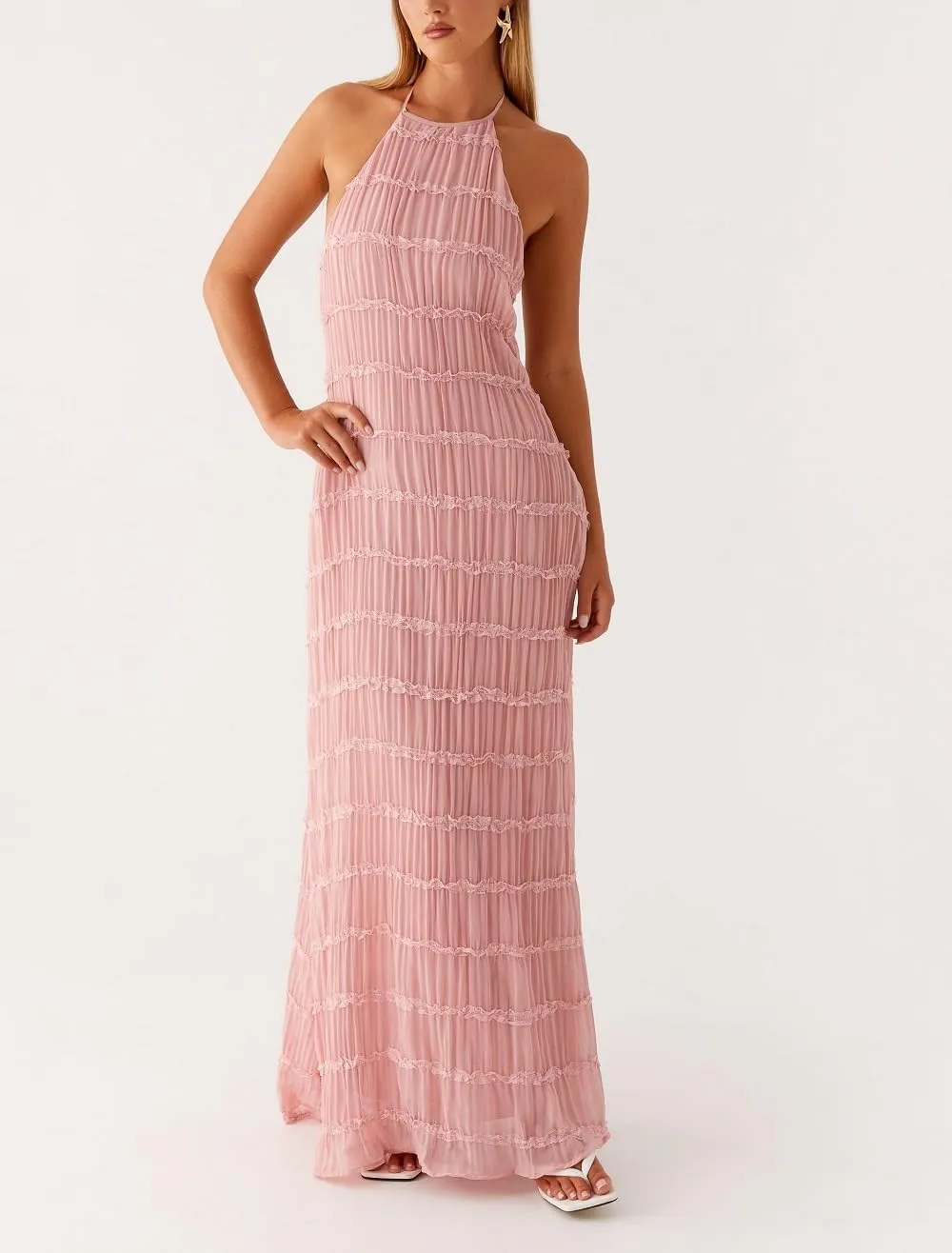 Women Halter Neck Maxi Dress Sleeveless Lace Tiered Smocked Long Dress Sexy Backless Party Vacation Beach Sundress