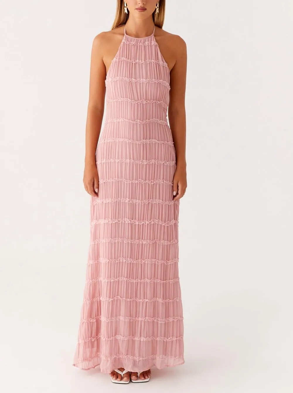 Women Halter Neck Maxi Dress Sleeveless Lace Tiered Smocked Long Dress Sexy Backless Party Vacation Beach Sundress