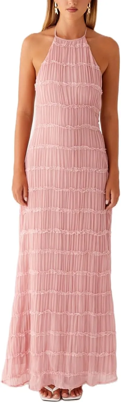 Women Halter Neck Maxi Dress Sleeveless Lace Tiered Smocked Long Dress Sexy Backless Party Vacation Beach Sundress