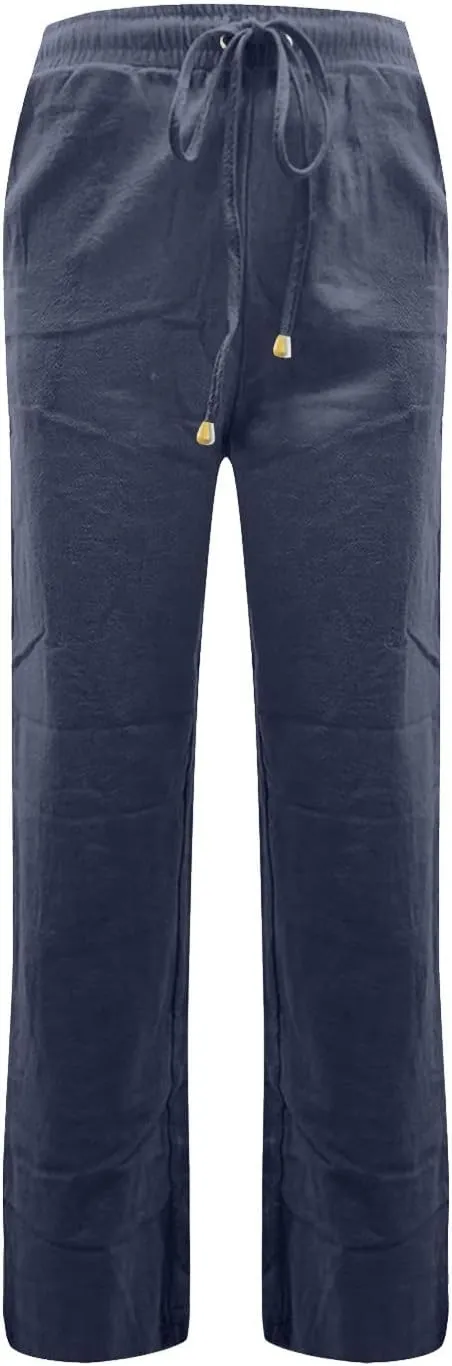Women Linen Pants Casual Drawstring High Waisted Boho Palazzo Pants Lightweight Loose Summer Pants with Pockets