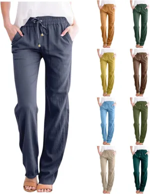 Women Linen Pants Casual Drawstring High Waisted Boho Palazzo Pants Lightweight Loose Summer Pants with Pockets