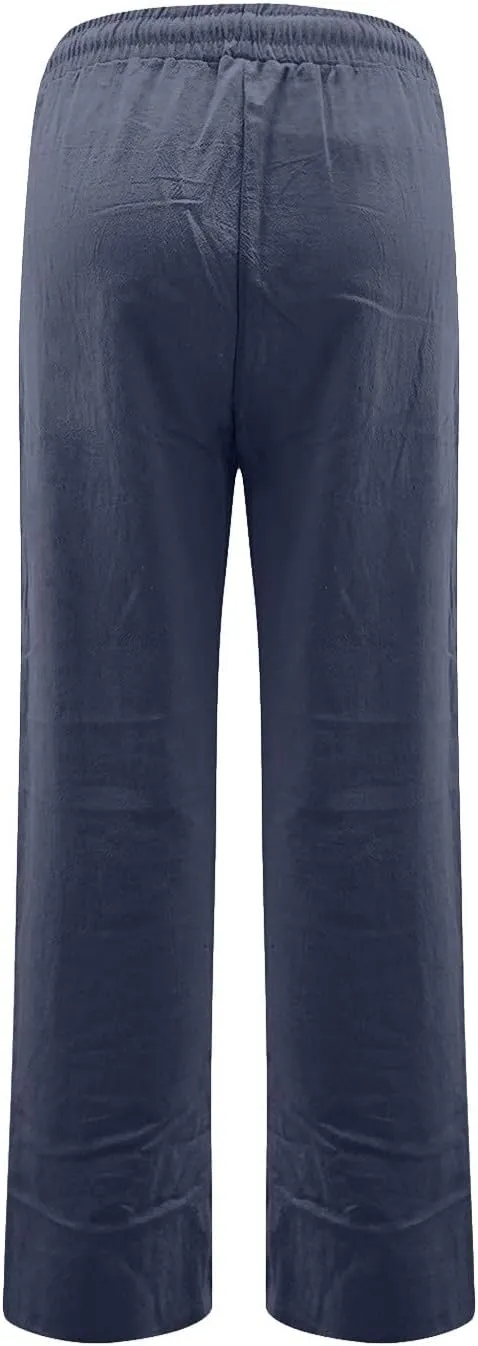 Women Linen Pants Casual Drawstring High Waisted Boho Palazzo Pants Lightweight Loose Summer Pants with Pockets