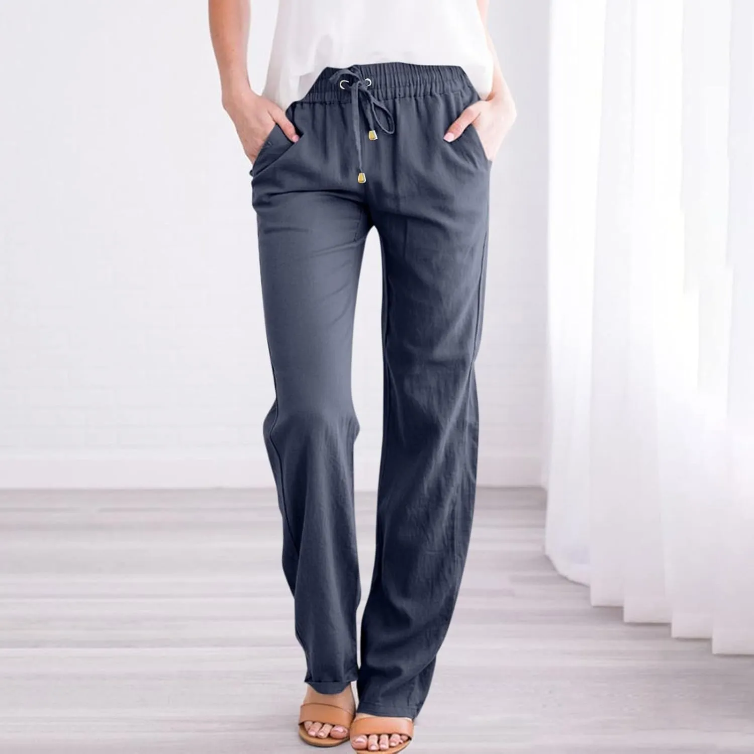 Women Linen Pants Casual Drawstring High Waisted Boho Palazzo Pants Lightweight Loose Summer Pants with Pockets