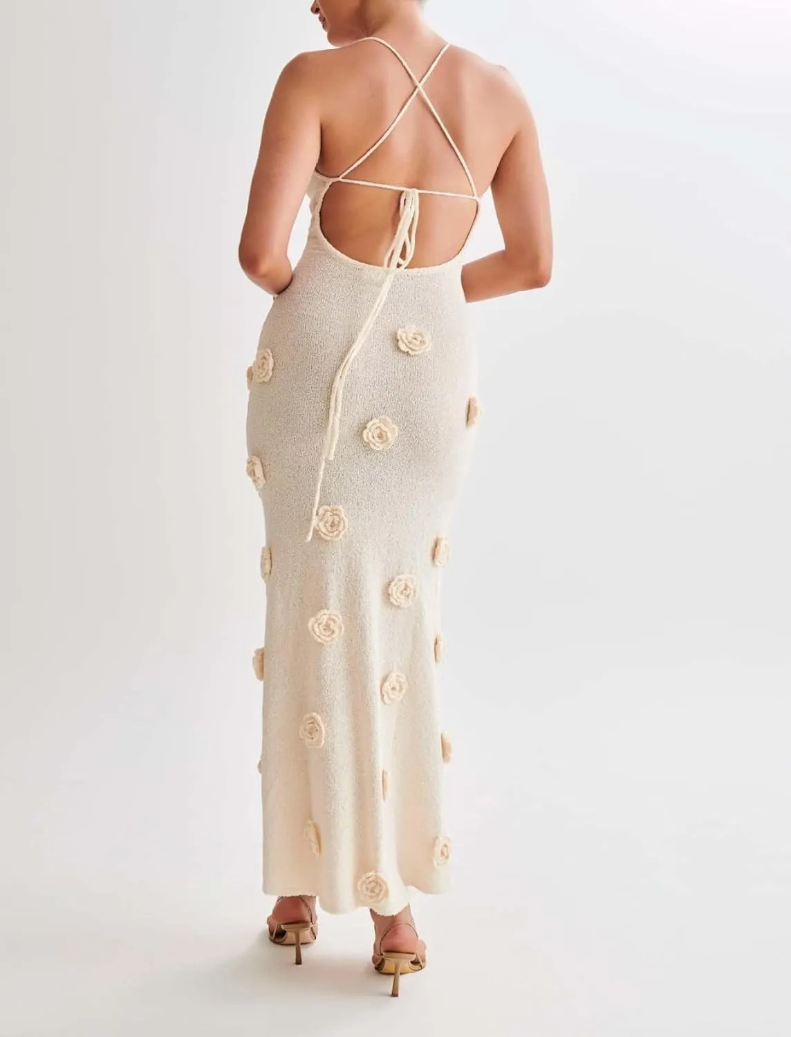 Women Sexy Backless Embroidery 3D Floral Prom Dress V-Neck Open Leg Sleeveless Hollow Halter Maxi Dress