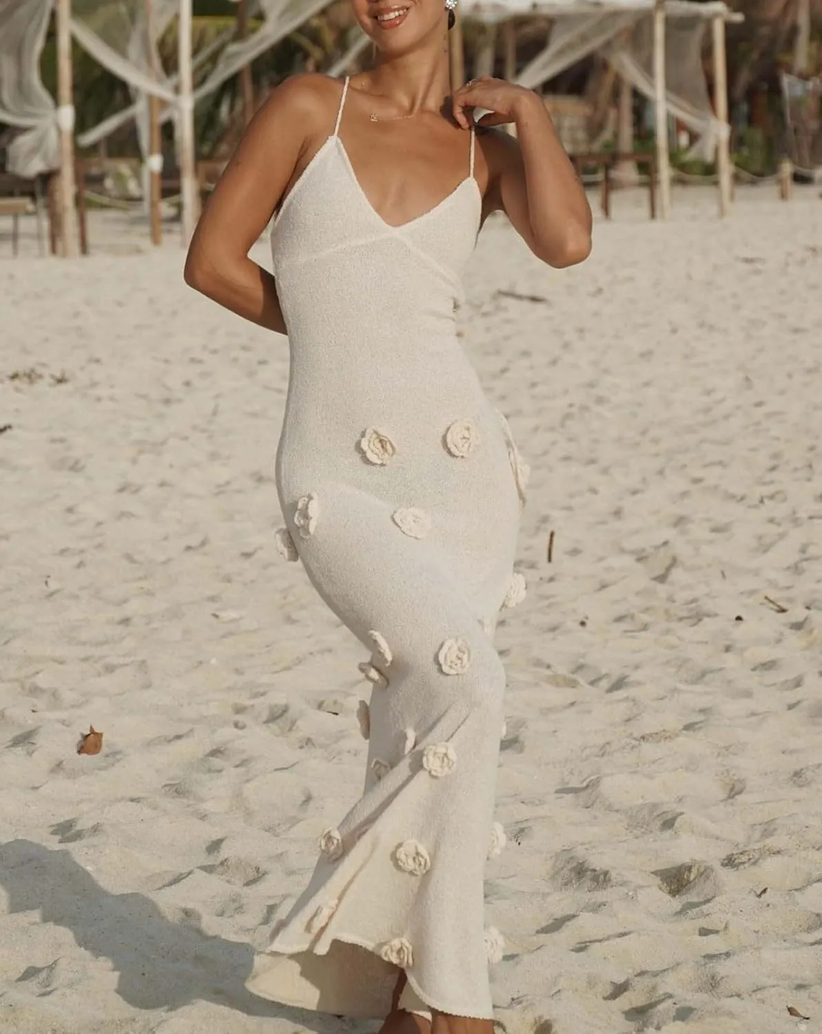 Women Sexy Backless Embroidery 3D Floral Prom Dress V-Neck Open Leg Sleeveless Hollow Halter Maxi Dress