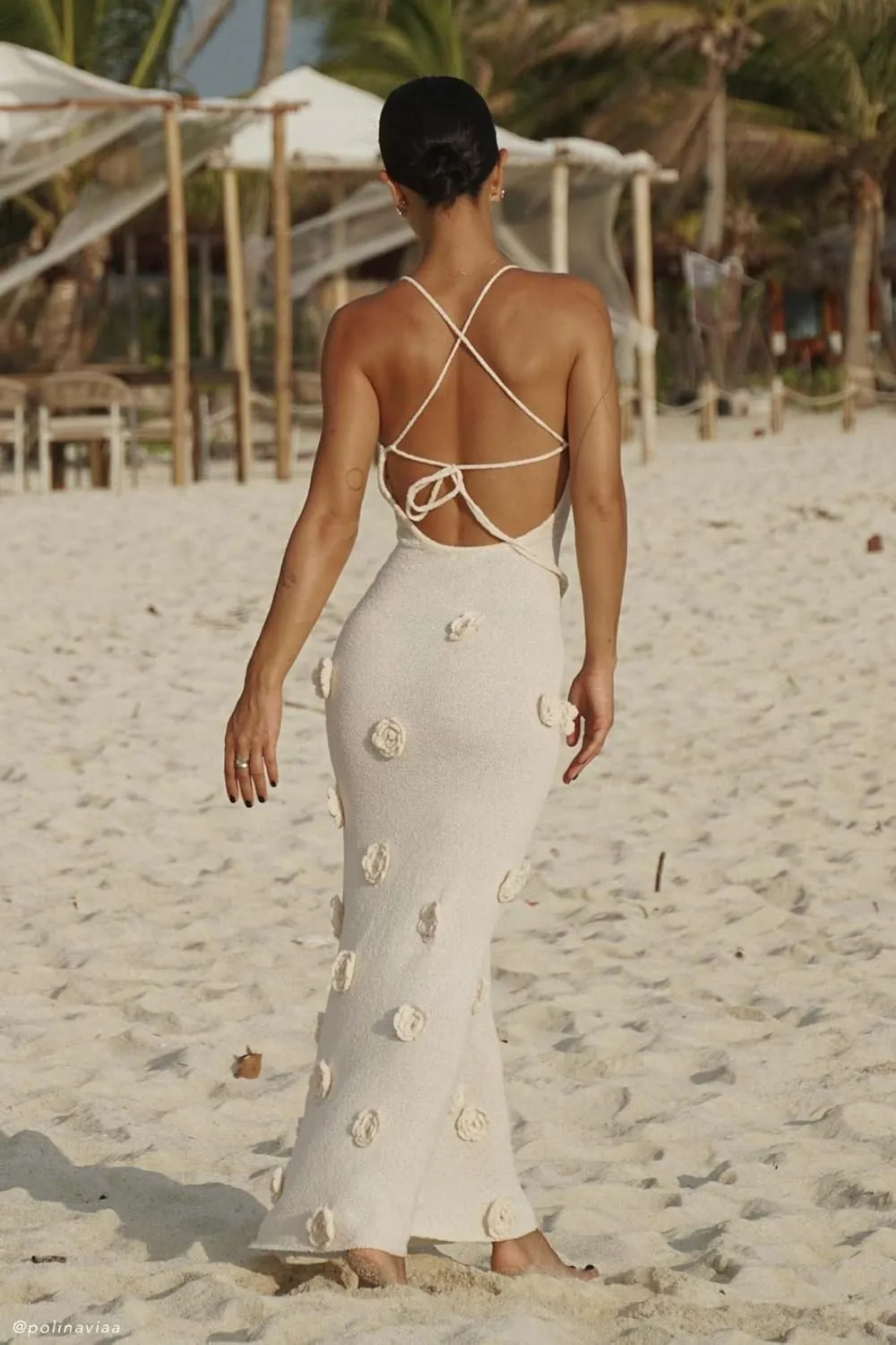 Women Sexy Backless Embroidery 3D Floral Prom Dress V-Neck Open Leg Sleeveless Hollow Halter Maxi Dress
