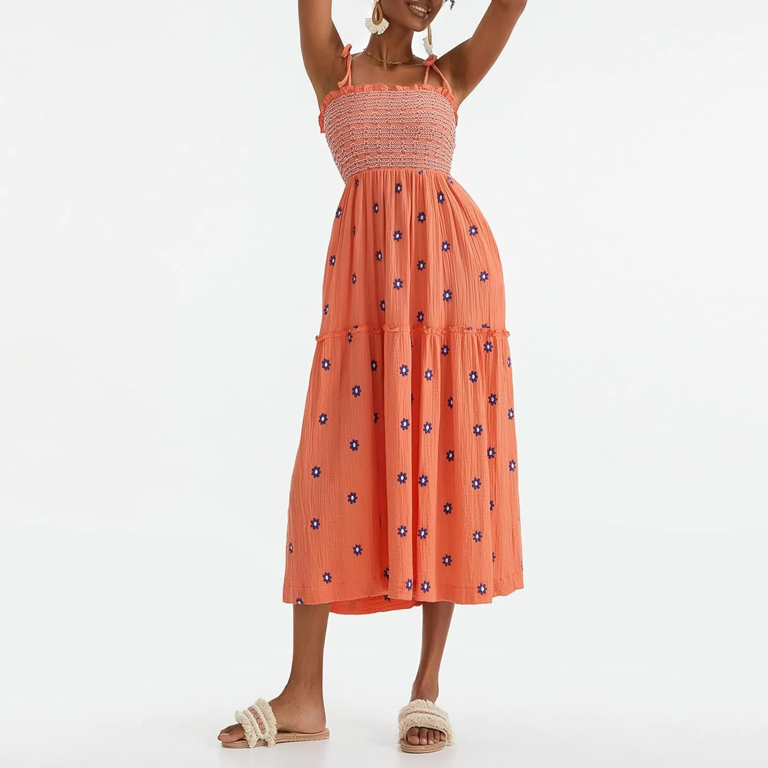 Women Summer Flowy Dress Floral Embroidery Boho Dresses Sleeveless Tie Shoulder Midi Dress Y2k A Line Sundress