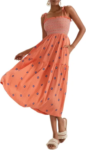Women Summer Flowy Dress Floral Embroidery Boho Dresses Sleeveless Tie Shoulder Midi Dress Y2k A Line Sundress