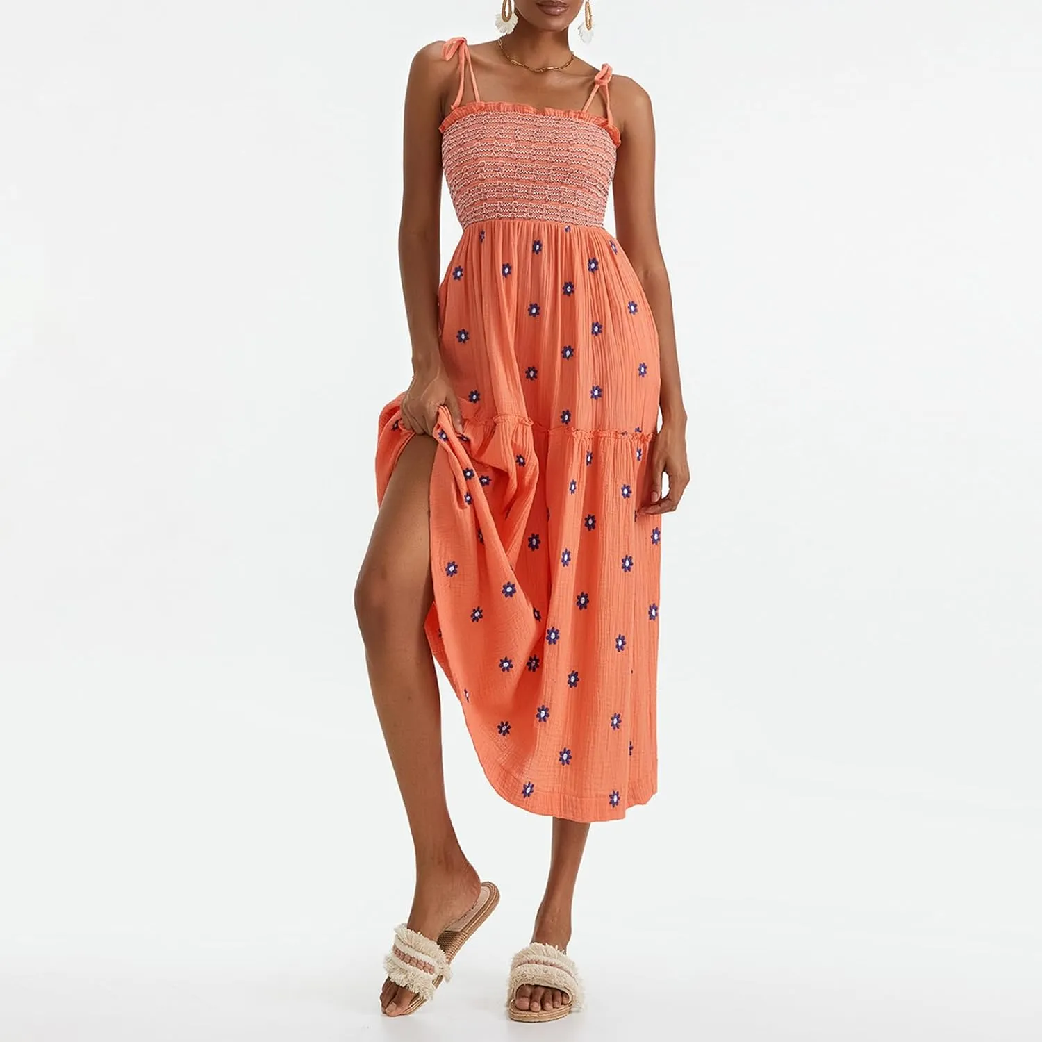 Women Summer Flowy Dress Floral Embroidery Boho Dresses Sleeveless Tie Shoulder Midi Dress Y2k A Line Sundress