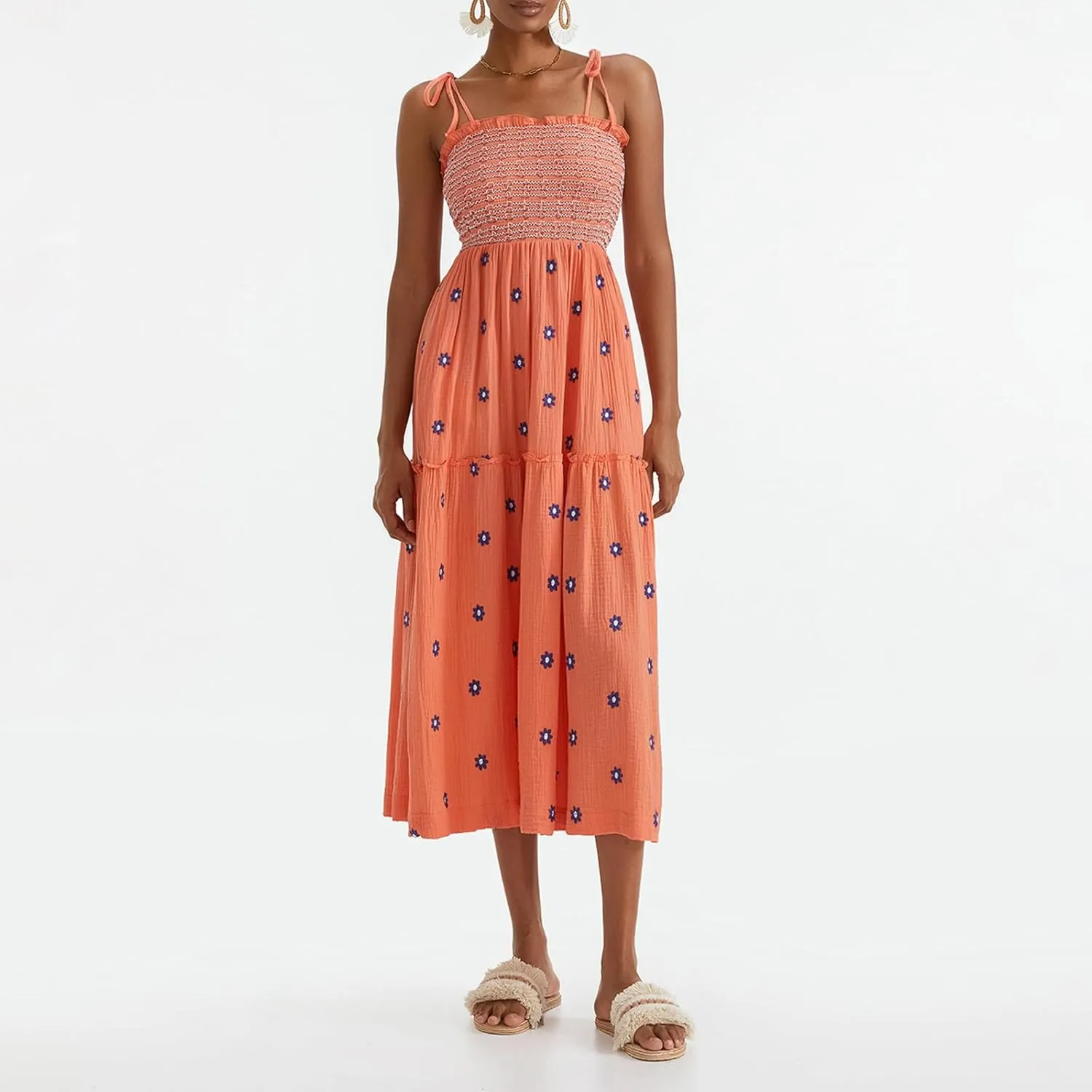 Women Summer Flowy Dress Floral Embroidery Boho Dresses Sleeveless Tie Shoulder Midi Dress Y2k A Line Sundress