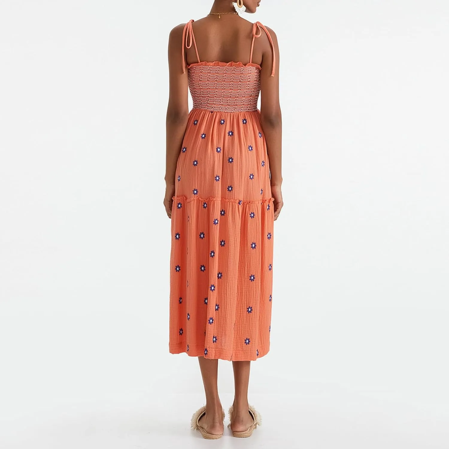 Women Summer Flowy Dress Floral Embroidery Boho Dresses Sleeveless Tie Shoulder Midi Dress Y2k A Line Sundress