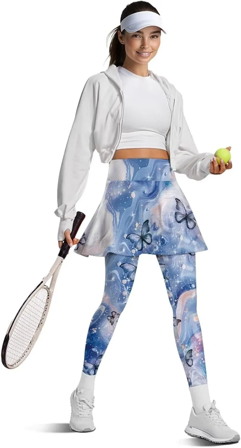 Women Tennis High Waist Skirted Legging Yoga Leggings with Skirts Golf Athletic Skirt with Pockets