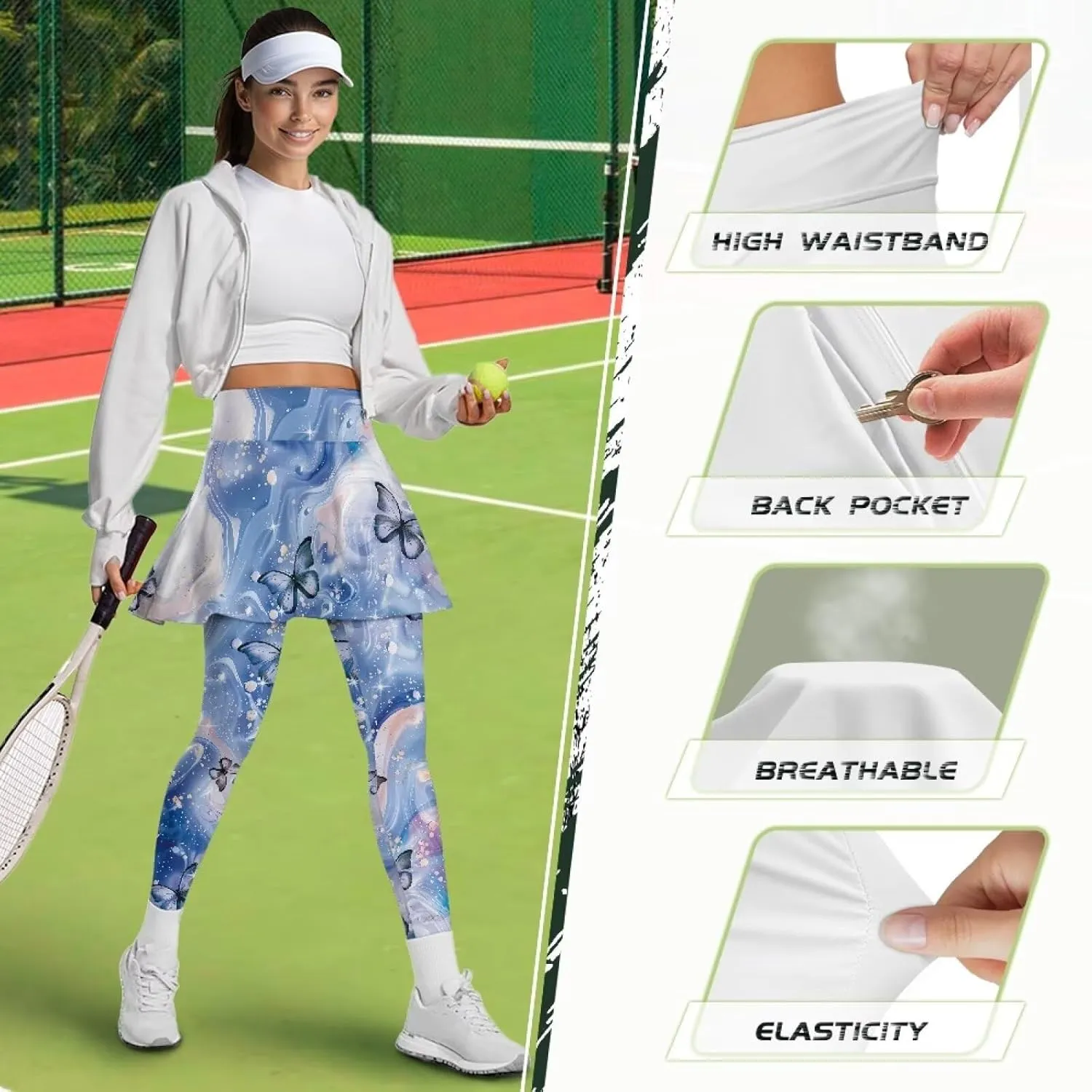 Women Tennis High Waist Skirted Legging Yoga Leggings with Skirts Golf Athletic Skirt with Pockets