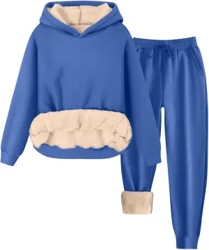 Womens 2 Piece Sweatsuits Set Sherpa Fleece Lined Warm Hoodies & Joggers Sweatpants Fall Winter Outfits Tracksuits