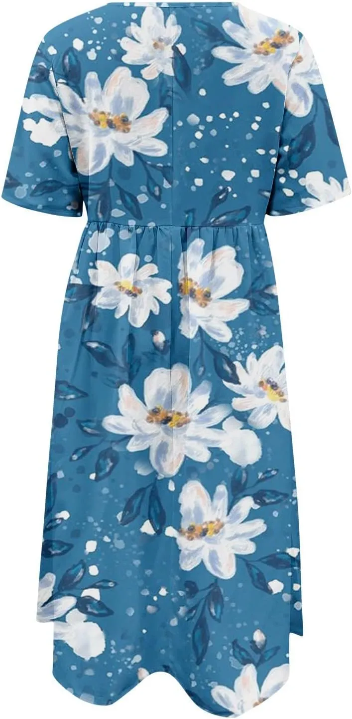 Womens Boho Floral Long Tshirt Dress with Pocket Fall Summer Casual Short Sleeve Plus Size Flowy Midi Beach Dress
