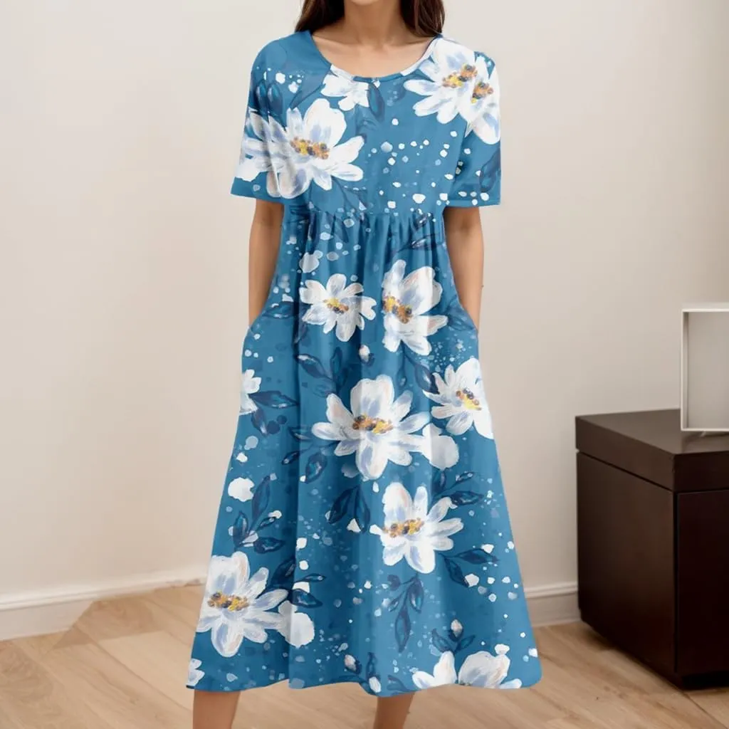 Womens Boho Floral Long Tshirt Dress with Pocket Fall Summer Casual Short Sleeve Plus Size Flowy Midi Beach Dress