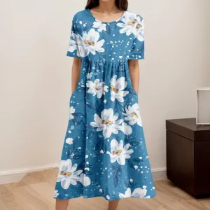 Womens Boho Floral Long Tshirt Dress with Pocket Fall Summer Casual Short Sleeve Plus Size Flowy Midi Beach Dress