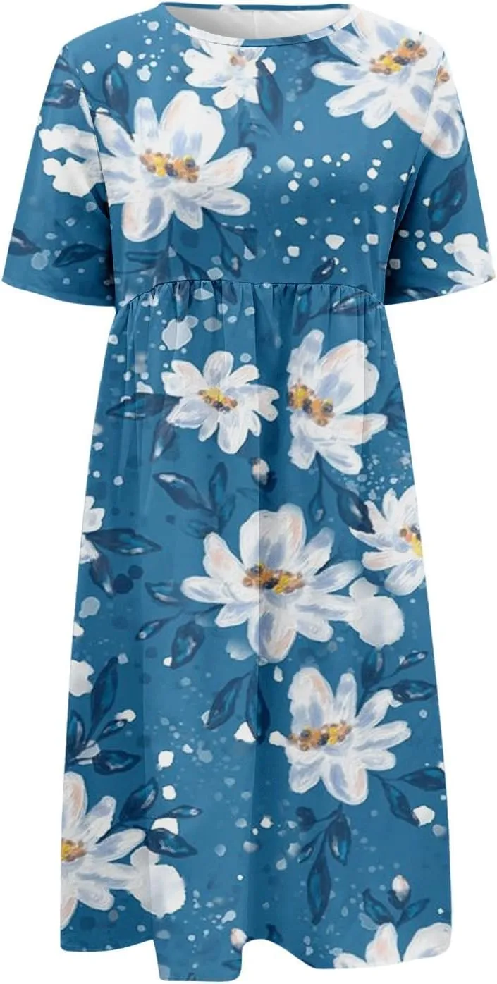 Womens Boho Floral Long Tshirt Dress with Pocket Fall Summer Casual Short Sleeve Plus Size Flowy Midi Beach Dress