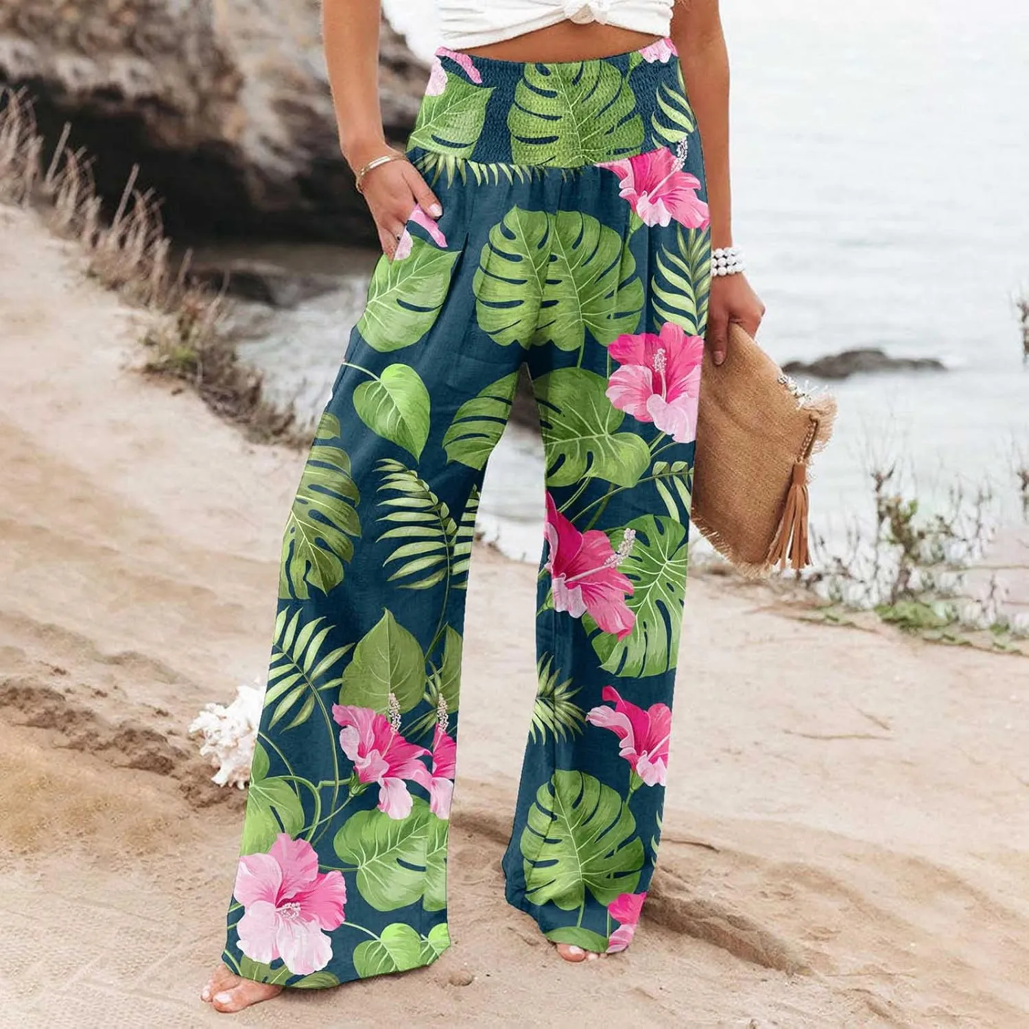 Women's Boho Wide Leg Palazzo Pants Womens Cotton Casual Loose Pants Comfy Work Pants with Long Casual Wide Leg
