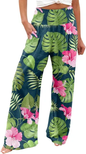 Women's Boho Wide Leg Palazzo Pants Womens Cotton Casual Loose Pants Comfy Work Pants with Long Casual Wide Leg