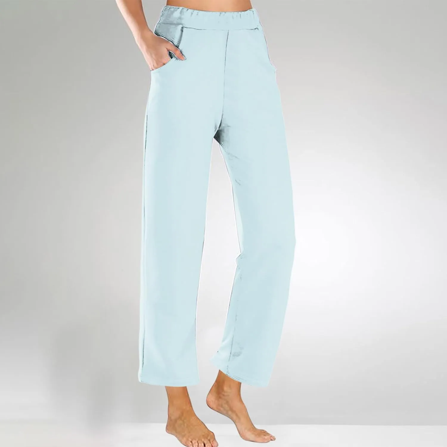 Womens Casual Cropped Pants 2024 Fashion Elastic Waist Wide Leg Crop Pants Summer Loose Beach Yoga Pants with Pockets
