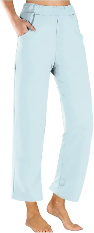 Womens Casual Cropped Pants 2024 Fashion Elastic Waist Wide Leg Crop Pants Summer Loose Beach Yoga Pants with Pockets
