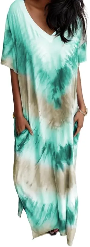 Women's Casual Gradient Sundress Short Sleeve Split Maxi with Pockets Long Beach Shirt Dress 2024 Summer Dresses