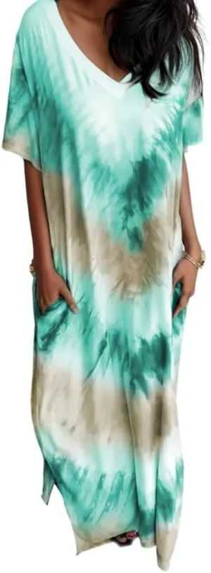 Women's Casual Gradient Sundress Short Sleeve Split Maxi with Pockets Long Beach Shirt Dress 2024 Summer Dresses