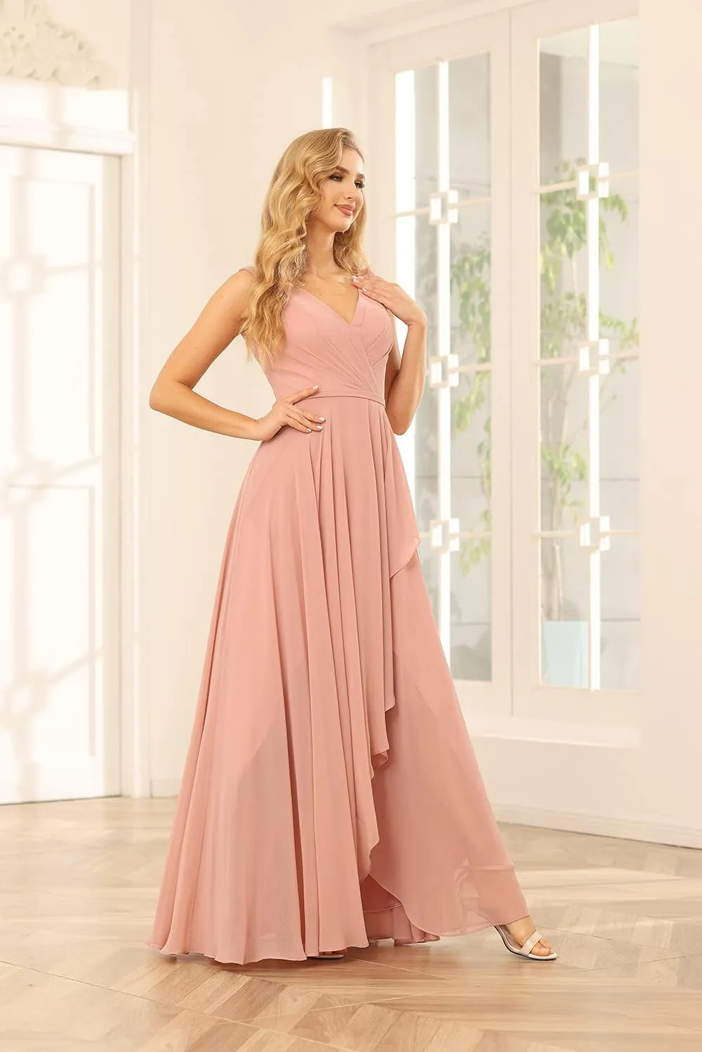 Women's Chiffon V-Neck Bridesmaid Dresses with Corset Back Long Formal Evening Gown for Wedding VT032
