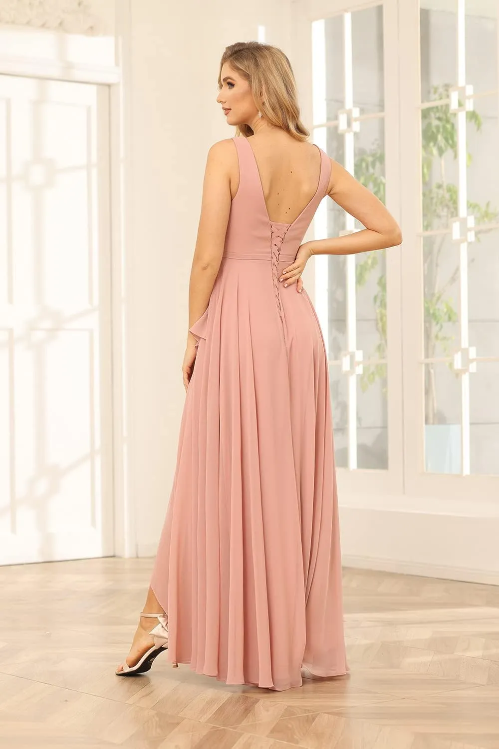 Women's Chiffon V-Neck Bridesmaid Dresses with Corset Back Long Formal Evening Gown for Wedding VT032