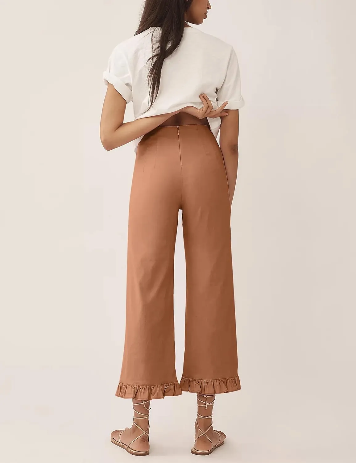 Women's Colette Flare Wide Leg Pants Summer Casual High Waist Ruffle Cropped Hem Loose Fit Trousers with Pockets