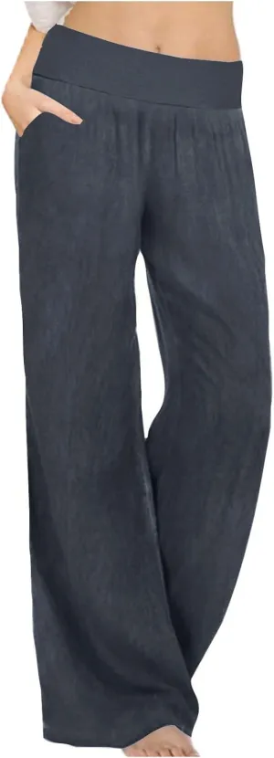 Women's Cotton Linen Palazzo Pants Elastic Waisted Wide Leg Pants with Pockets Summer Beach Trousers Casual Pant