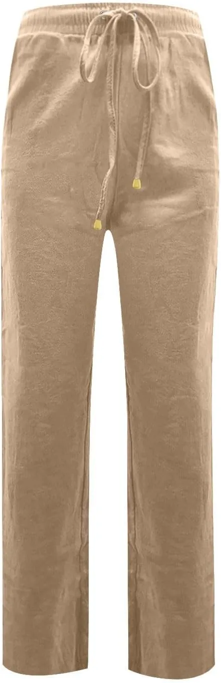 Women's Cotton Linen Pants,Spring Summer Casual Loose Lightweight Flowy Beach Pants with Pockets